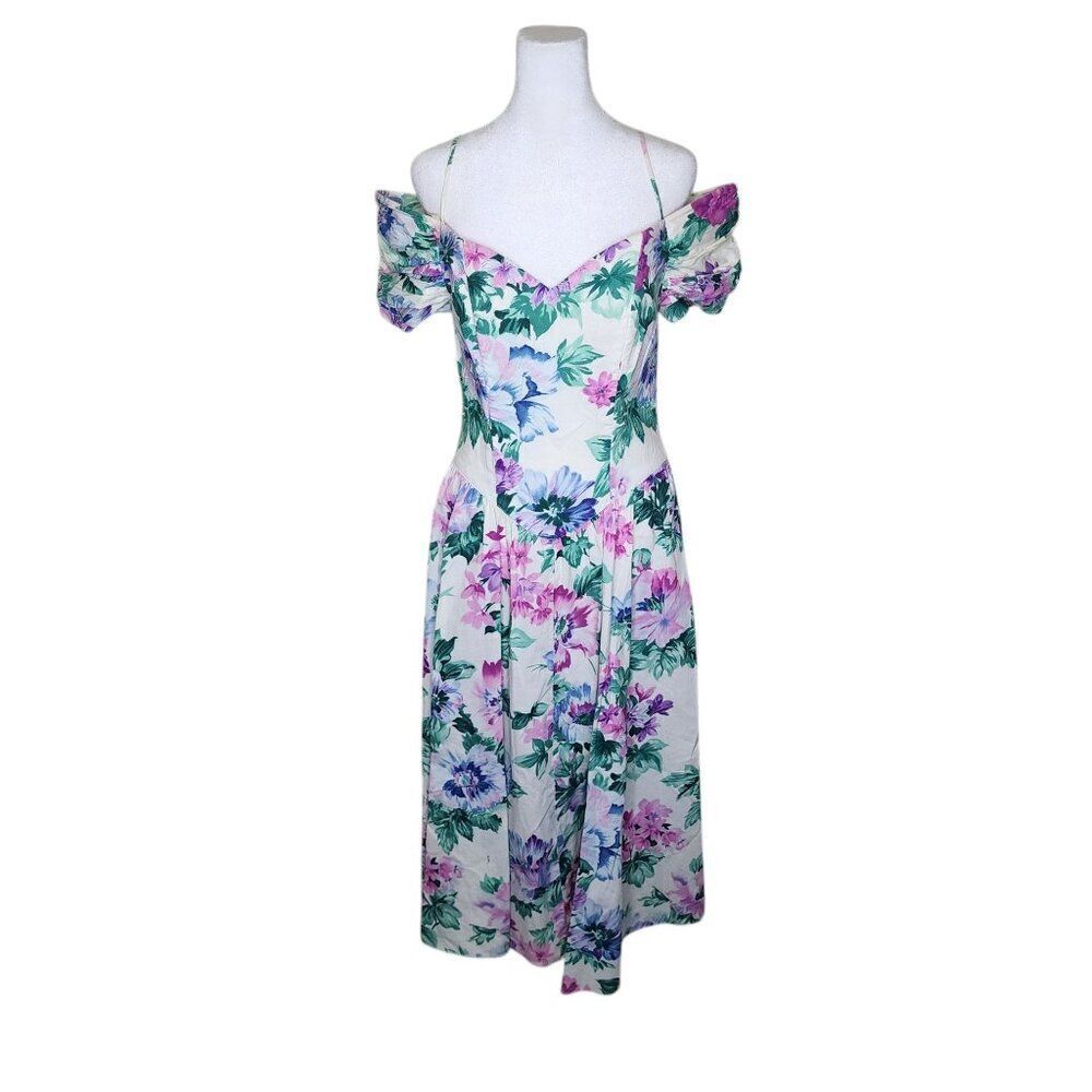 Vintage 80s Floral Fit Flare Midi Dress Womens 6 White Purple Party